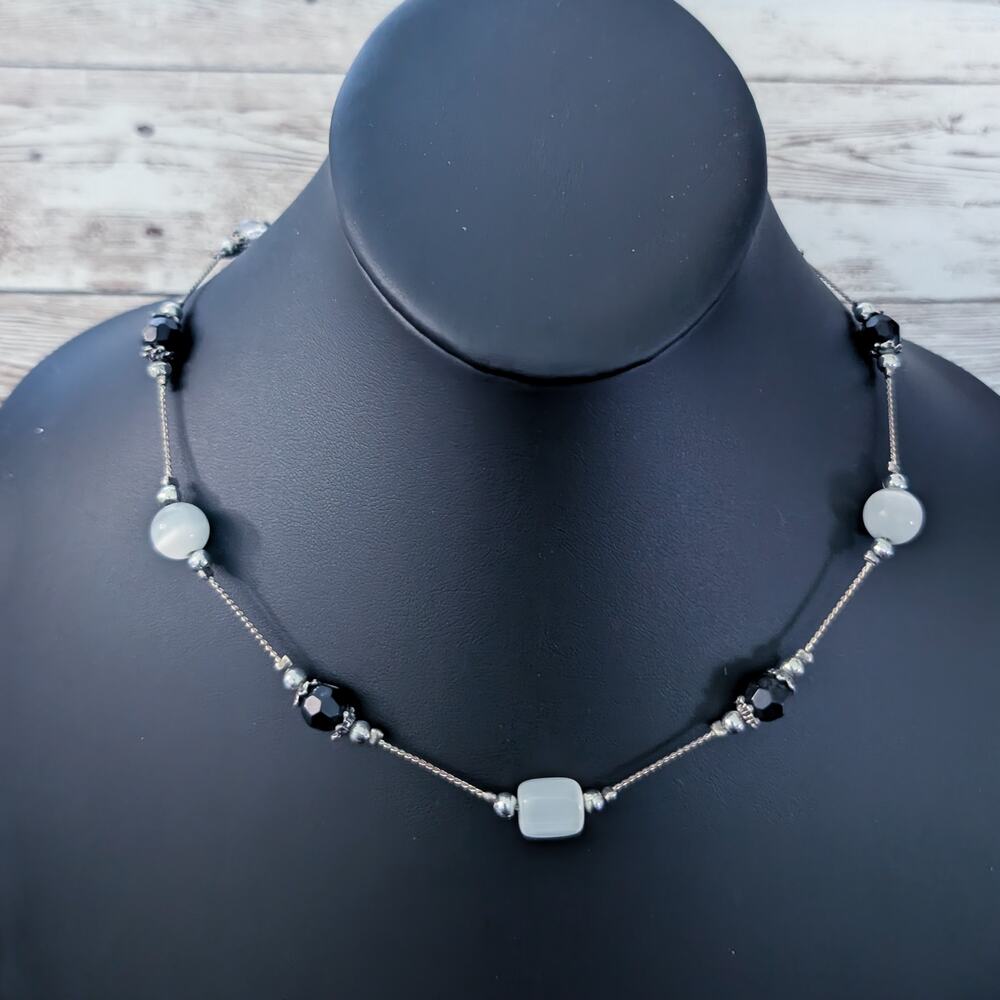 Silver Tone Necklaces with Black & White-ish Accents - Tarnished